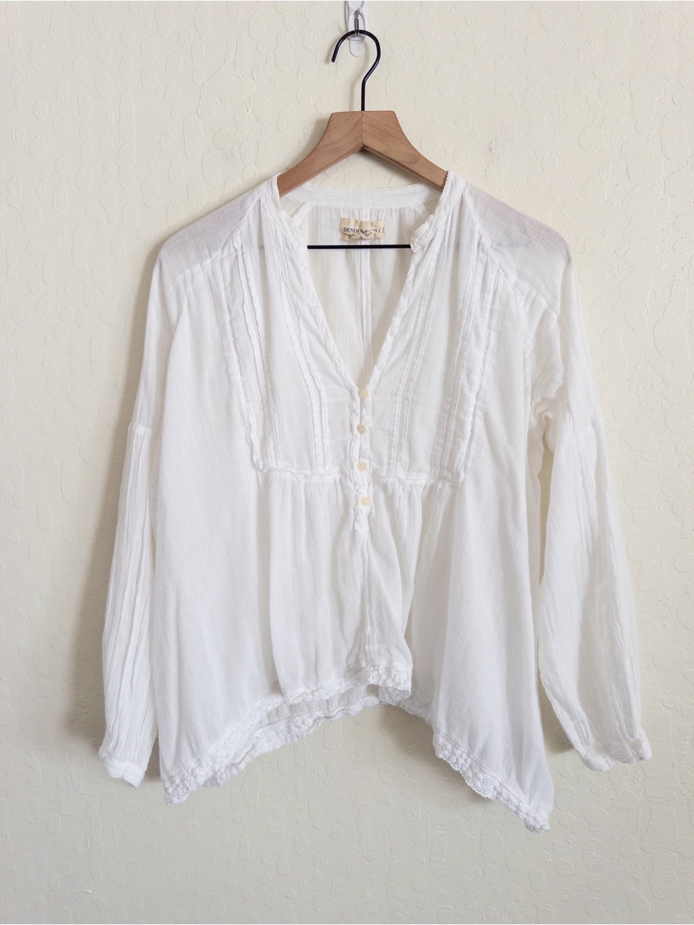 Ralph Lauren Denim & Supply 100% Cotton Lace Trim Long Sleeve Blouse Large White